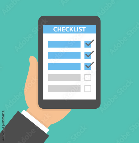 Hand holding tablet with checklist on it. Flat style