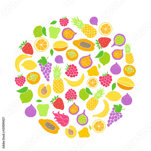 Vector frame of hand drawn fruit and berries icons. Doodle set of different colored cut fruits and berries. Healthy food. Exotic fruits. Collection of fruits and berries in frame