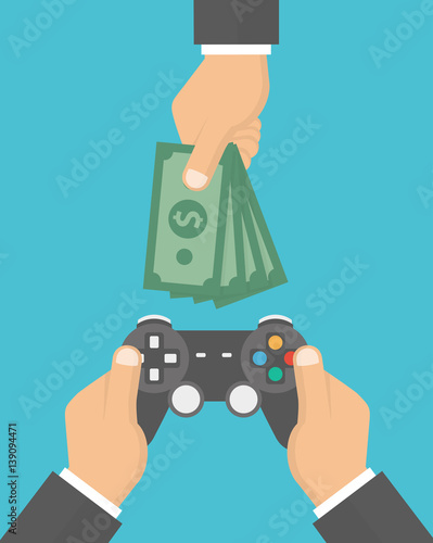 Playing games for money concept. Hand holding game controller and another hand giving or offering money bills. Vector illustration in flat style