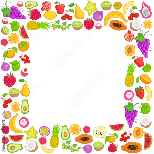Vector frame of hand drawn fruit and berries icons. Doodle set of different colored cut fruits and berries. Healthy food. Exotic fruits. Collection of fruits and berries in frame