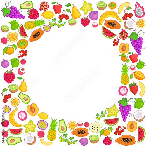 Fototapeta Naklejka Na Ścianę i Meble -  Vector frame of hand drawn fruit and berries icons. Doodle set of different colored cut fruits and berries. Healthy food. Exotic fruits. Collection of fruits and berries in frame