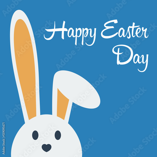 Cute happy easter day bunny in flat style on blue background.Happy easter day greeting card with funny cartoon rabbit character.