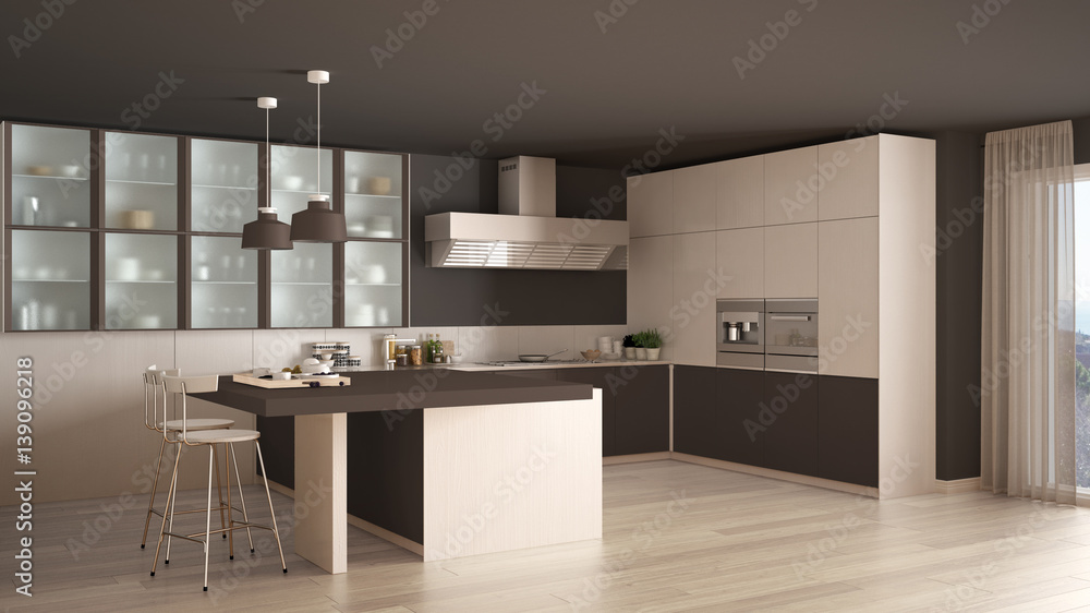 Classic minimal white and brown kitchen with parquet floor, modern interior design Classic minimal white and brown kitchen with parquet floor, modern interior design