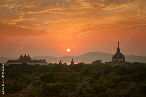 The silhouette Ancient temple on during sunset ,Bagan Mandalay Myanmar © saravut