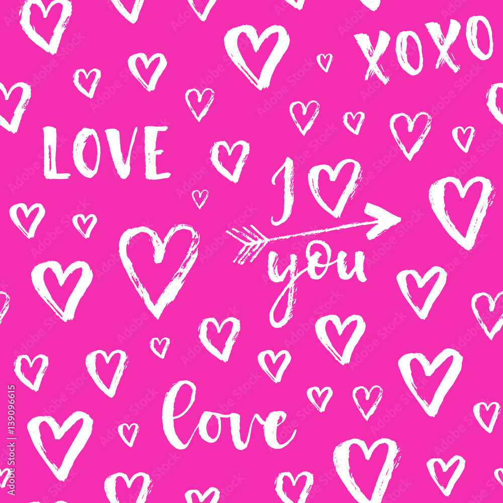 Vector fashion seamless pattern with hearts on Happy Valentines Day. Doodle style