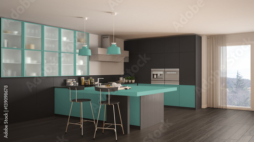 Classic minimal gray and turquoise kitchen with parquet floor, modern interior design