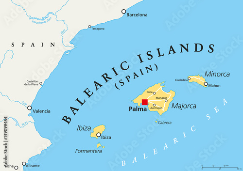 Balearic Islands political map with capital Palma. Archipelago of Spain in Mediterranean Sea near Iberian Peninsula coast. Majorca, Minorca, Ibiza, Formentera. lllustration. English labeling. Vector