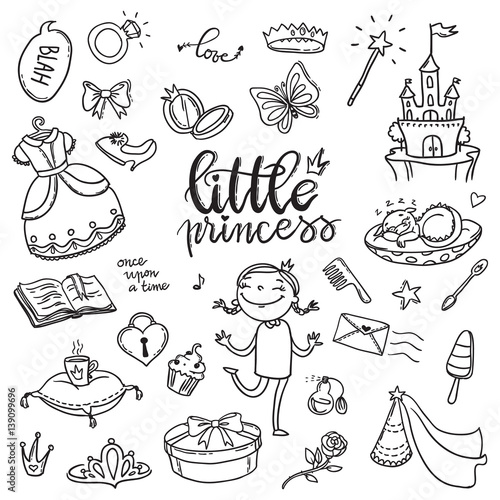 Little princess funny graphic set. Girls dress, butterfly, mirror, sweets, gifts, diamond ring, dragon, hearts and stars. Isolated elements on a white background