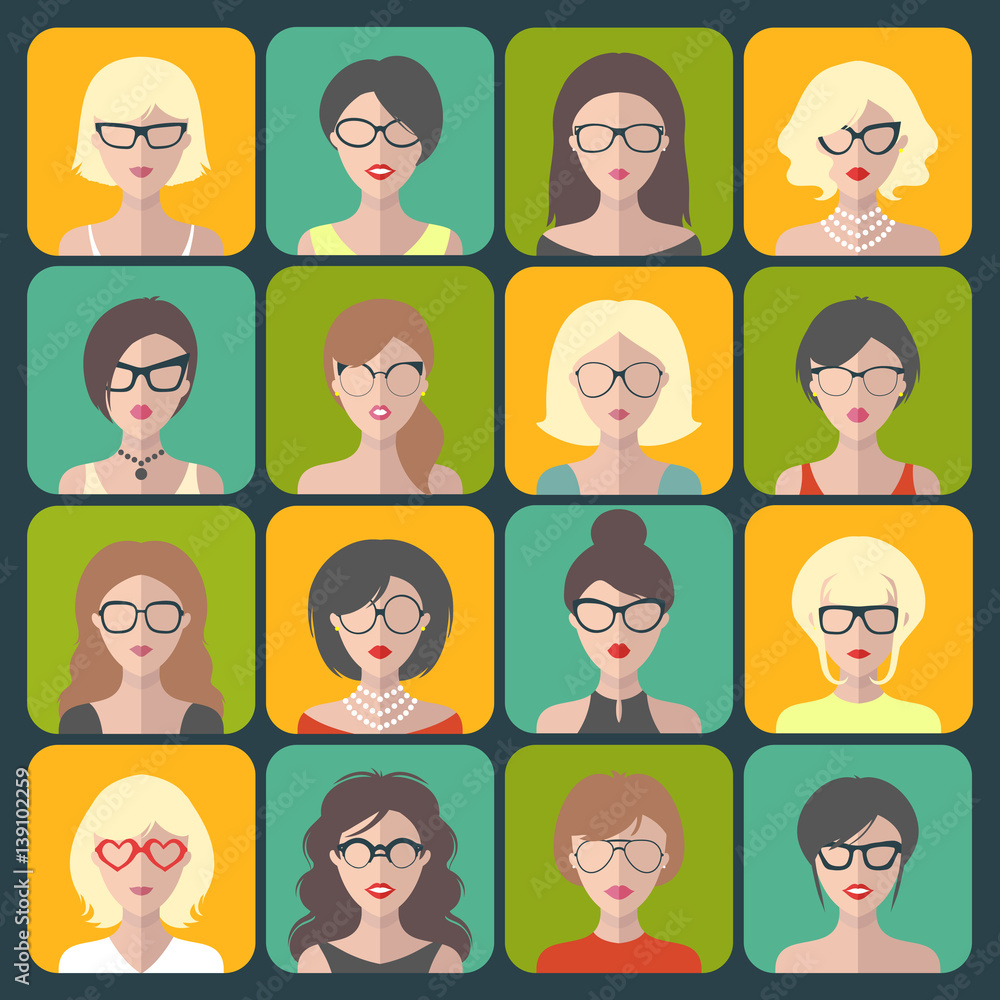 Big vector set of different women app icons in glasses in flat style. Big vector set of different women app icons in glasses in flat style.