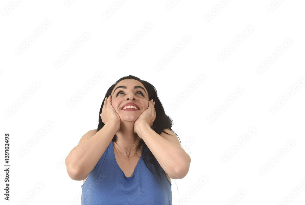 young beautiful hispanic woman looking up to blank copy space surprised young beautiful hispanic woman looking up to blank copy space surprised