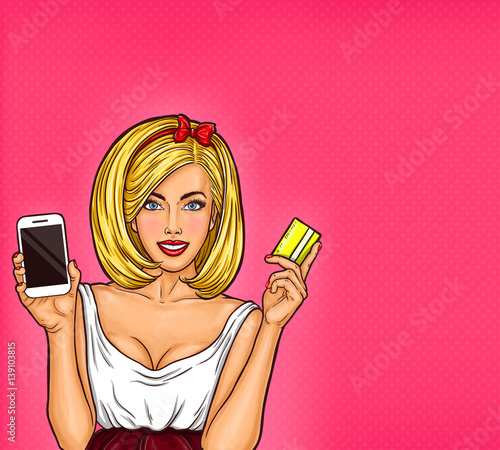 Vector pop art illustration of a young sexy girl holding smartphone and credit card.