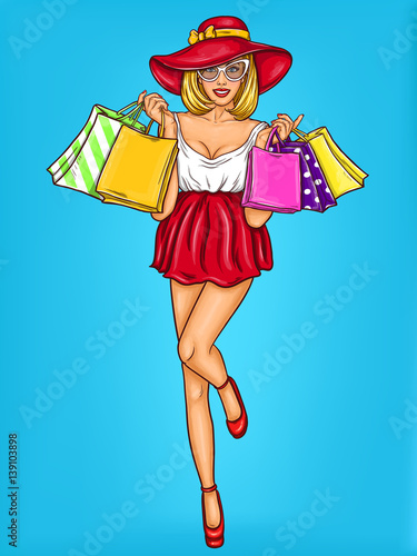Vector pop art illustration of a young sexy happy girl holding shopping bags.