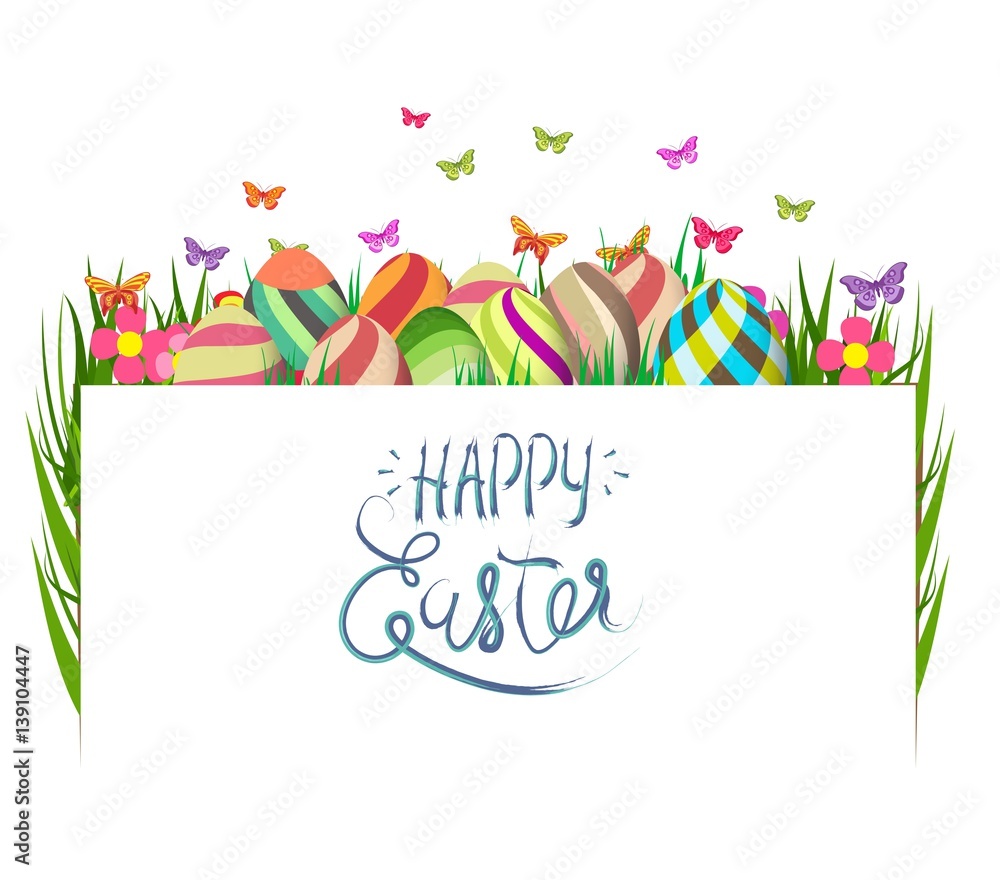 Handwriting inscription Happy Easter. Template vector card with eggs, grass and flowers. Lettering, calligraphy