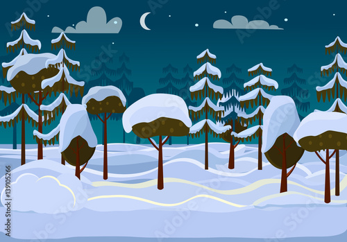Forest. Evening. Different Trees Covered with Snow