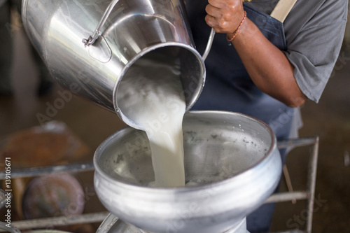 Fototapeta Worker pouring milk into a container for transform.