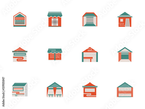 Trade and exhibition tents flat color vector icons