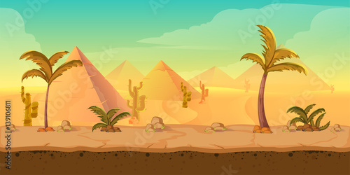 Cartoon nature sand desert landscape with palms, herbs and mountains. Vector game style illustration