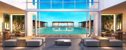 3d rendering Beach Villa Lobby and Living area sea view