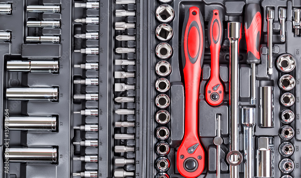 Fototapeta premium Set of hand tools. Many wrench and tools close-up in box for to repair the car or replace automotive spare parts, auto parts.