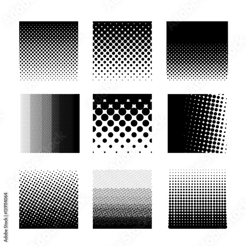Set of circle halftone element, monochrome abstract graphic for DTP, prepress or generic concepts. Vector illustration. Isolated on white background