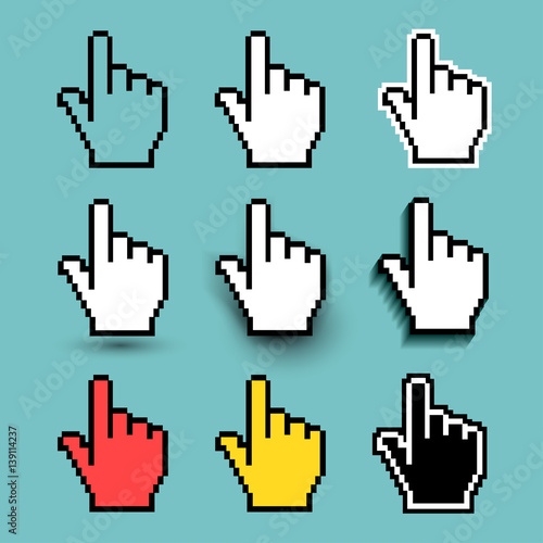 Set of hand cursor Icon. Vector illustration. Flat design. Isolated on turquoise background