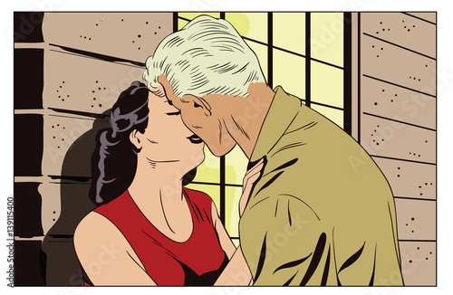 Loving couple kissing. People in retro style pop art.