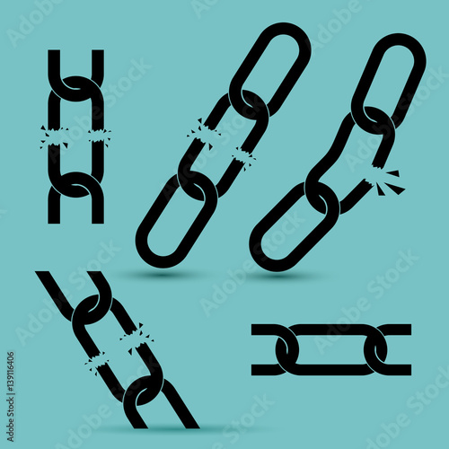 Broken chain. Set. Icon. Flat. Vector illustration EPS 10. Isolated on turquoise background.