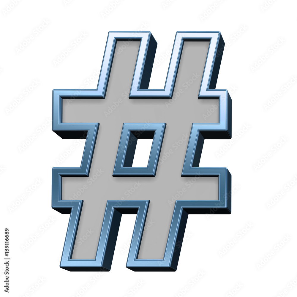 Fototapeta premium Number sign from gray with blue frame alphabet set, isolated on white. 3D illustration.