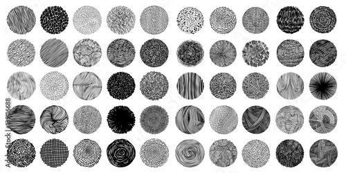 Hand texture. Set. The art collection of black design elements: circles, brush, wavy lines, abstract backgrounds, patterns. Vector illustration EPS 10. Isolated on white background. Freehand drawing.