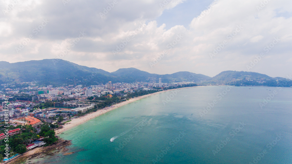 Patong tropical beach from aerial view, Phuket South of Thailand.