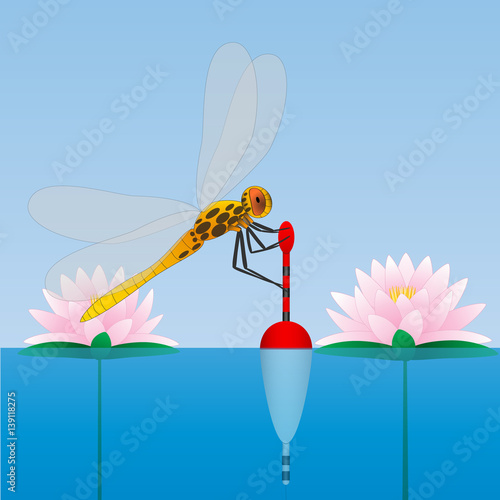 Dragonfly sitting on the float. Water lily. Water. Fishing.