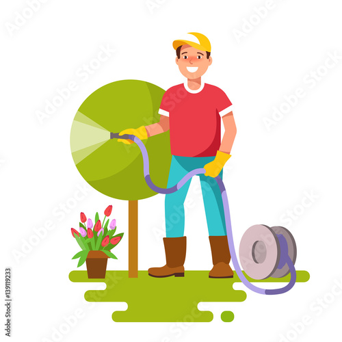Young man watering plants in garden hose with sprinkle . Concept of professional gardener. Vector illustration in flat style.