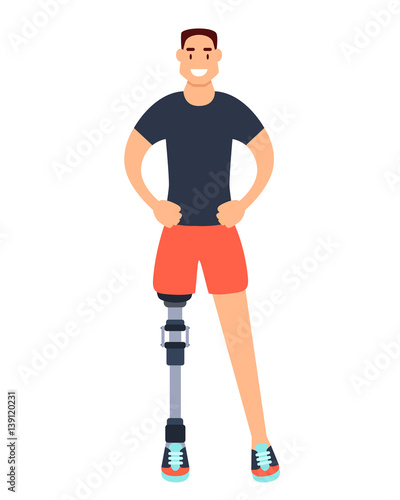 Young man with a prosthetic leg smiling. Vector illustration