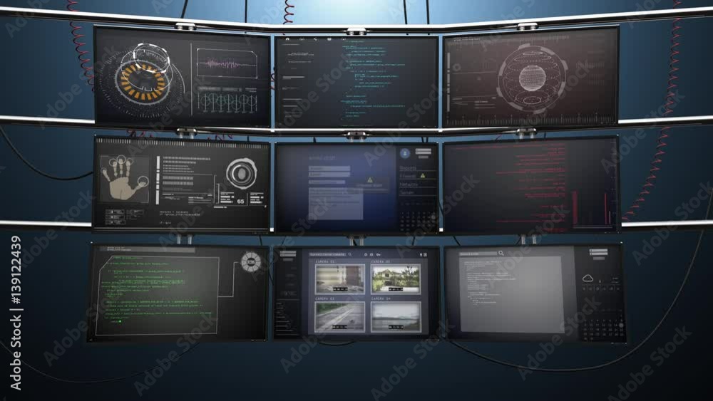 Monitor System Animation Nine Video Screen Monitors Animate with Data and Surveillance. A ...