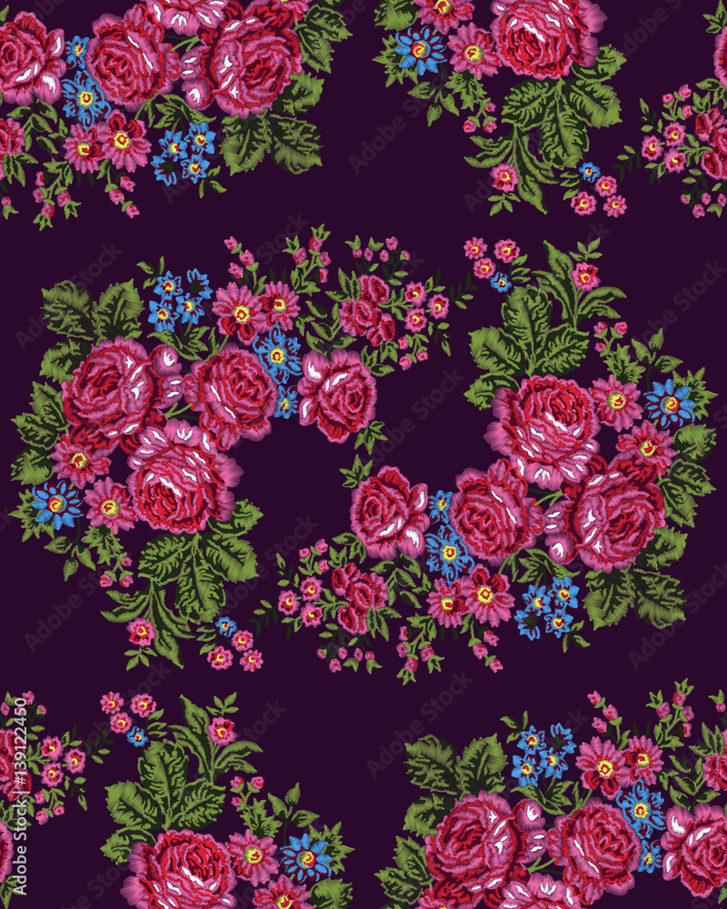 Seamless embroidered pattern. Luxurious pink roses on violet background. Vintage style.