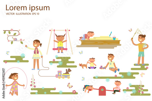 Happy childhood concept. Set of boys and girls outdoor. Children playing in the Playground, go for a drive on a swing, catching butterflies with a net, play in sand-box. Vector illustration eps 10
