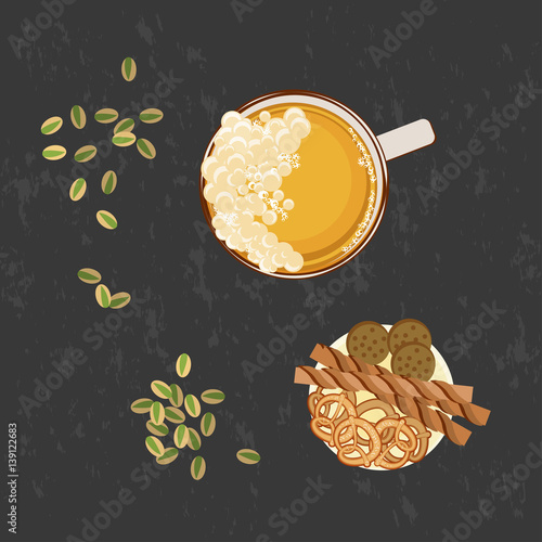 Glass of beer and snack on the Grey background. Top view Vector illustration eps 10