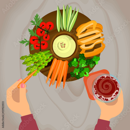 Person is vegetables and hummus with glass of beer on wooden table. Top view Vector illustration eps 10