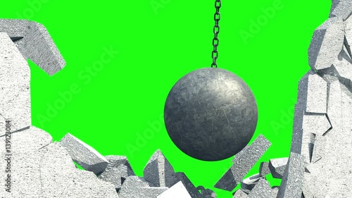 Metallic Wrecking Ball Shattering The White Wall. Green Screen.