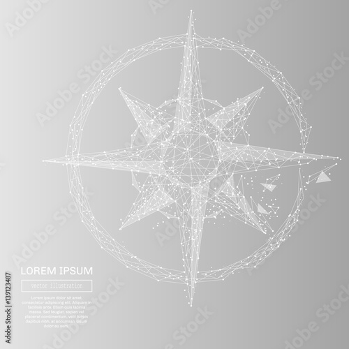 White abstract compass rose polygonal, geometry triangle. Light connection structure. Low poly vector on gray business concept background.