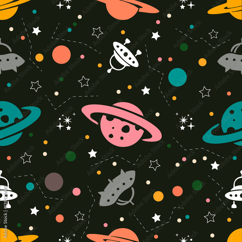 Seamless colorful space pattern from Planets, rockets and stars Seamless colorful space pattern from Planets, rockets and stars