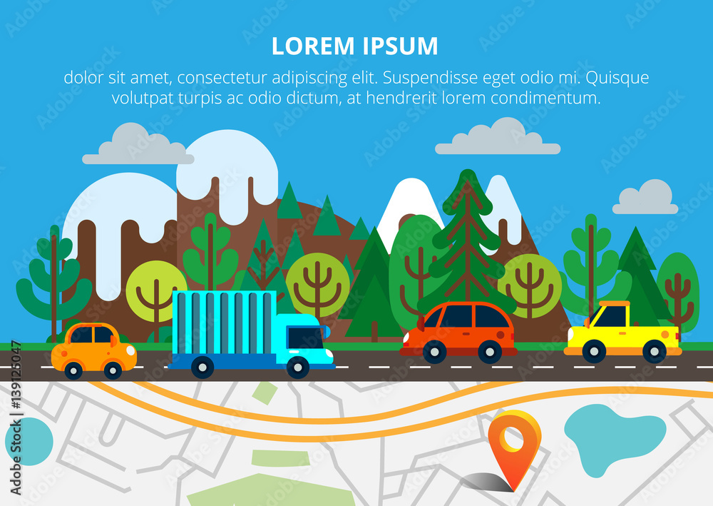 Colorful background with landscape, road and city map. Top view 
