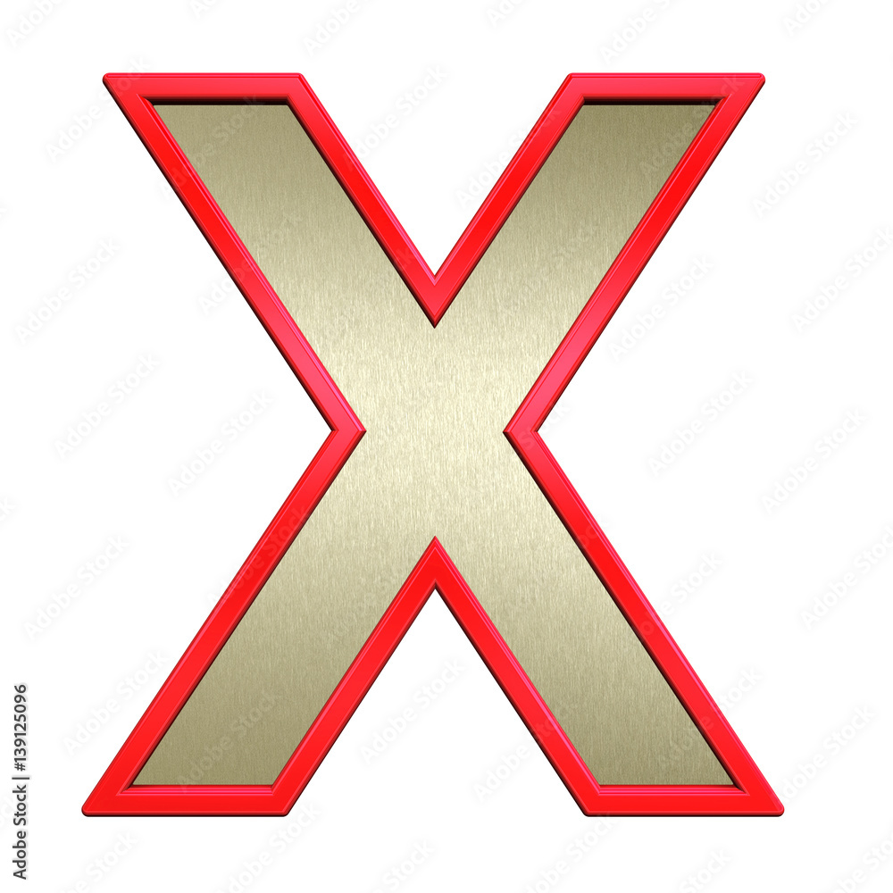 One letter from brushed gold with red frame alphabet set, isolated on white. 3D illustration. One letter from brushed gold with red frame alphabet set, isolated on white. 3D illustration.