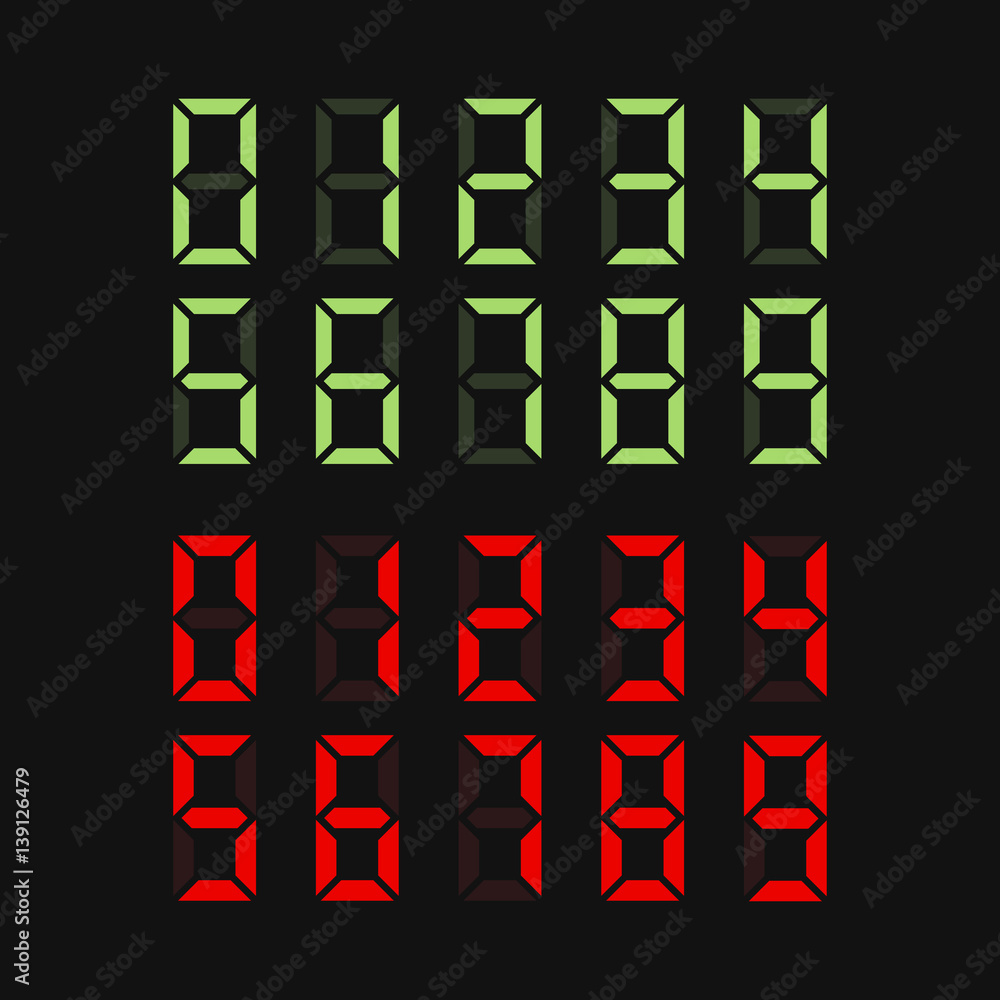 Green and Red Digital Numbers Set. Vector