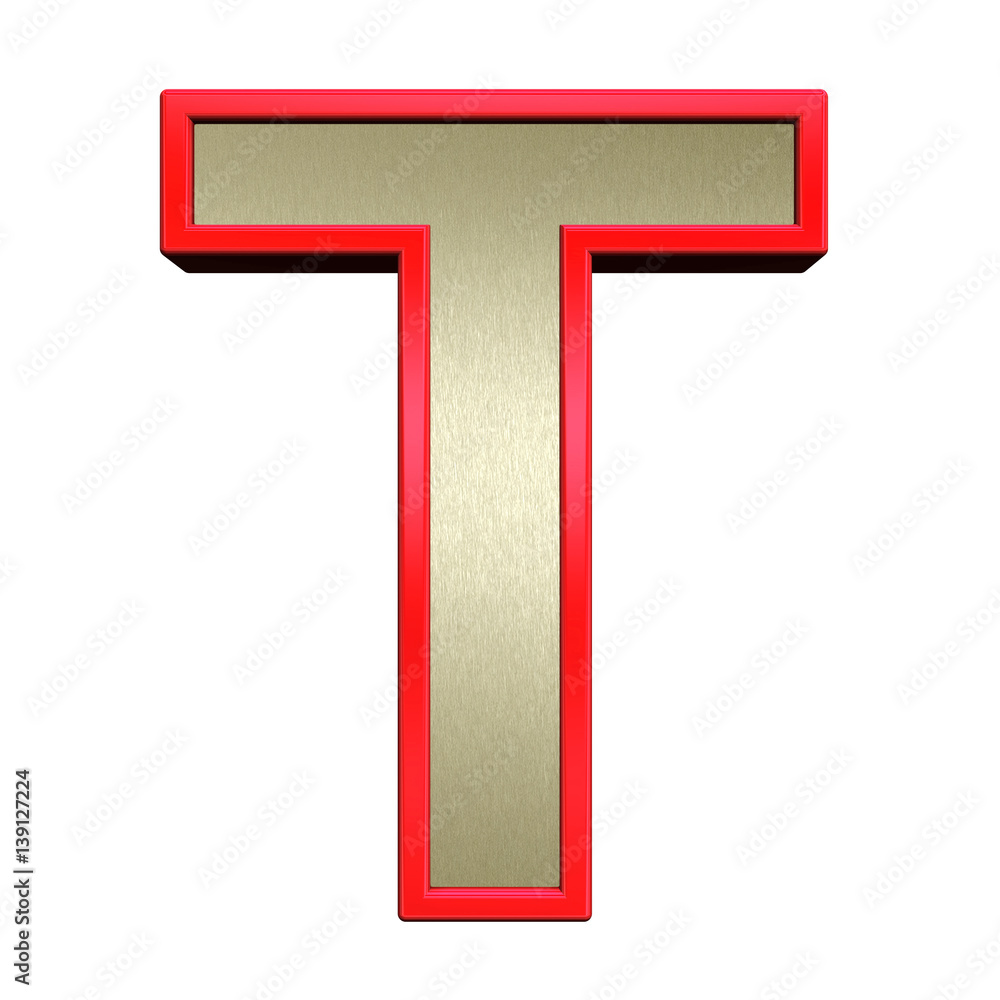 One letter from brushed gold with red frame alphabet set, isolated on white. 3D illustration. One letter from brushed gold with red frame alphabet set, isolated on white. 3D illustration.