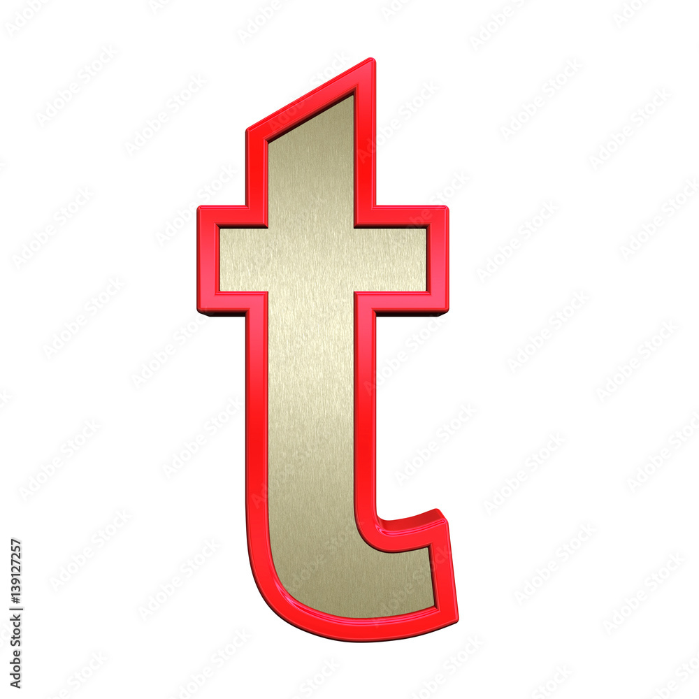 One lower case letter from brushed gold with red frame alphabet set, isolated on white. 3D illustration. One lower case letter from brushed gold with red frame alphabet set, isolated on white. 3D illustration.