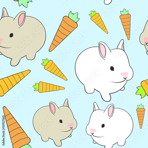 Seamless tileable pattern vector rabbits carrots easter bunnies blue