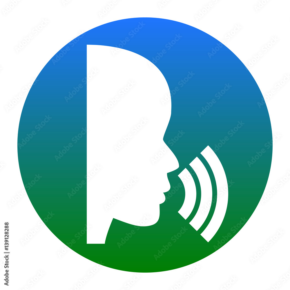 People speaking or singing sign. Vector. White icon in bluish circle on white background. Isolated. People speaking or singing sign. Vector. White icon in bluish circle on white background. Isolated.