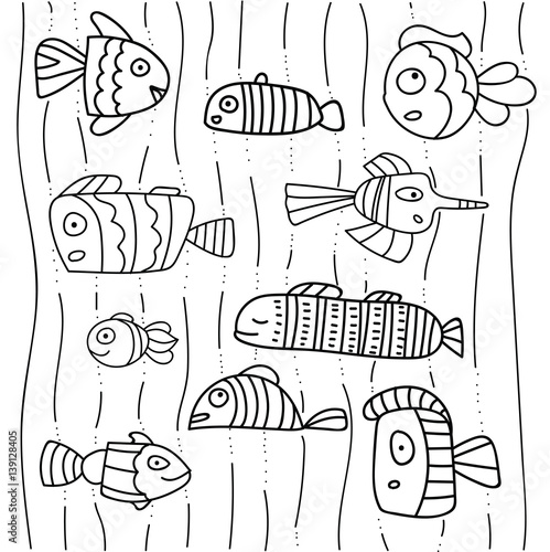 Collection of abstract fish on white background. Scetch illustration. Black outline on white background