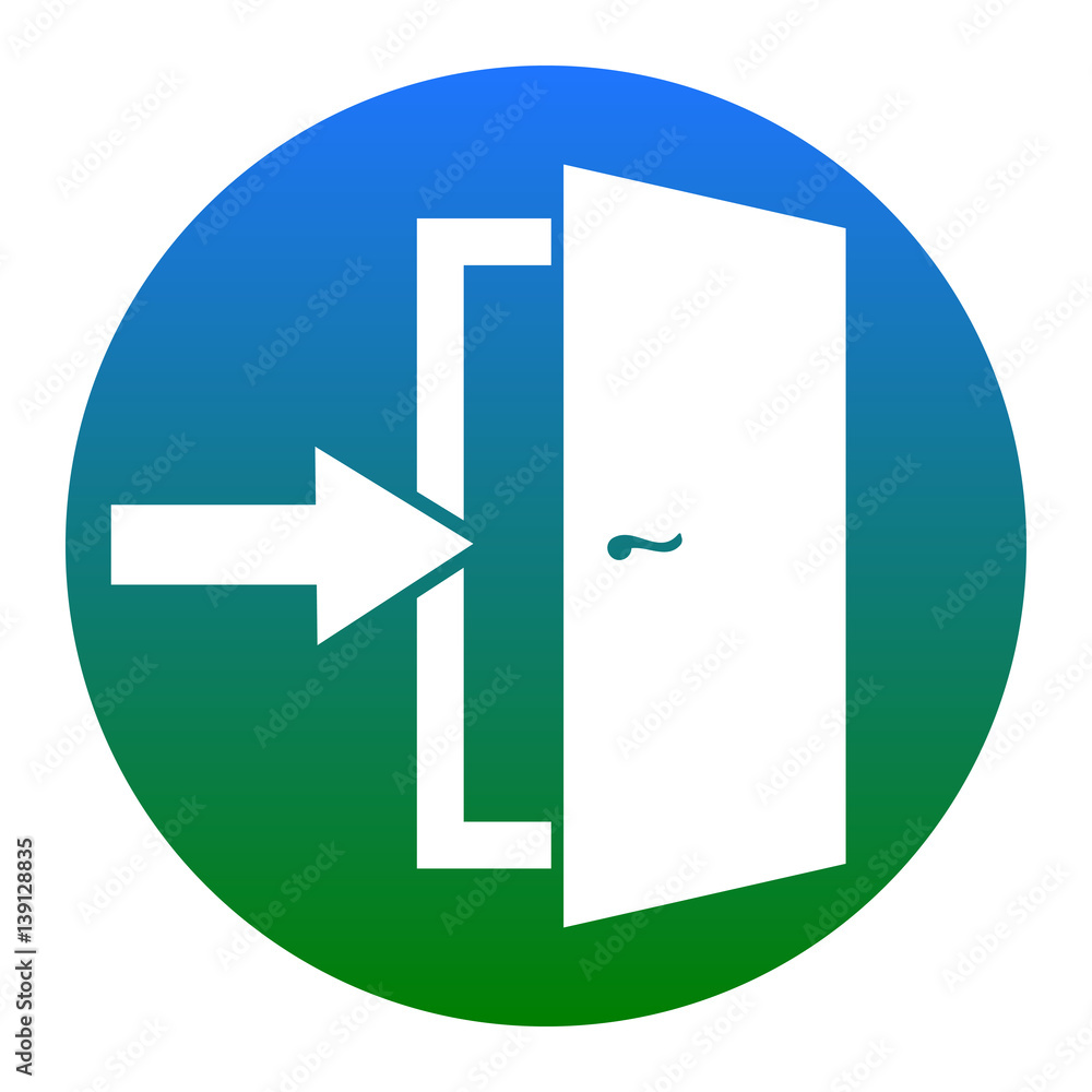 Door Exit sign. Vector. White icon in bluish circle on white background. Isolated. Door Exit sign. Vector. White icon in bluish circle on white background. Isolated.